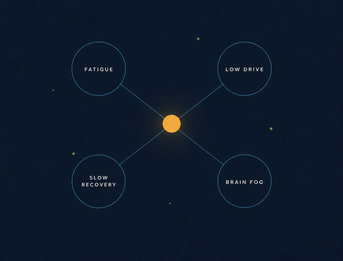 Diagram on deep navy: four outlined nodes — fatigue, low drive, slow recovery and brain fog — each connected to a single ember point at the centre.