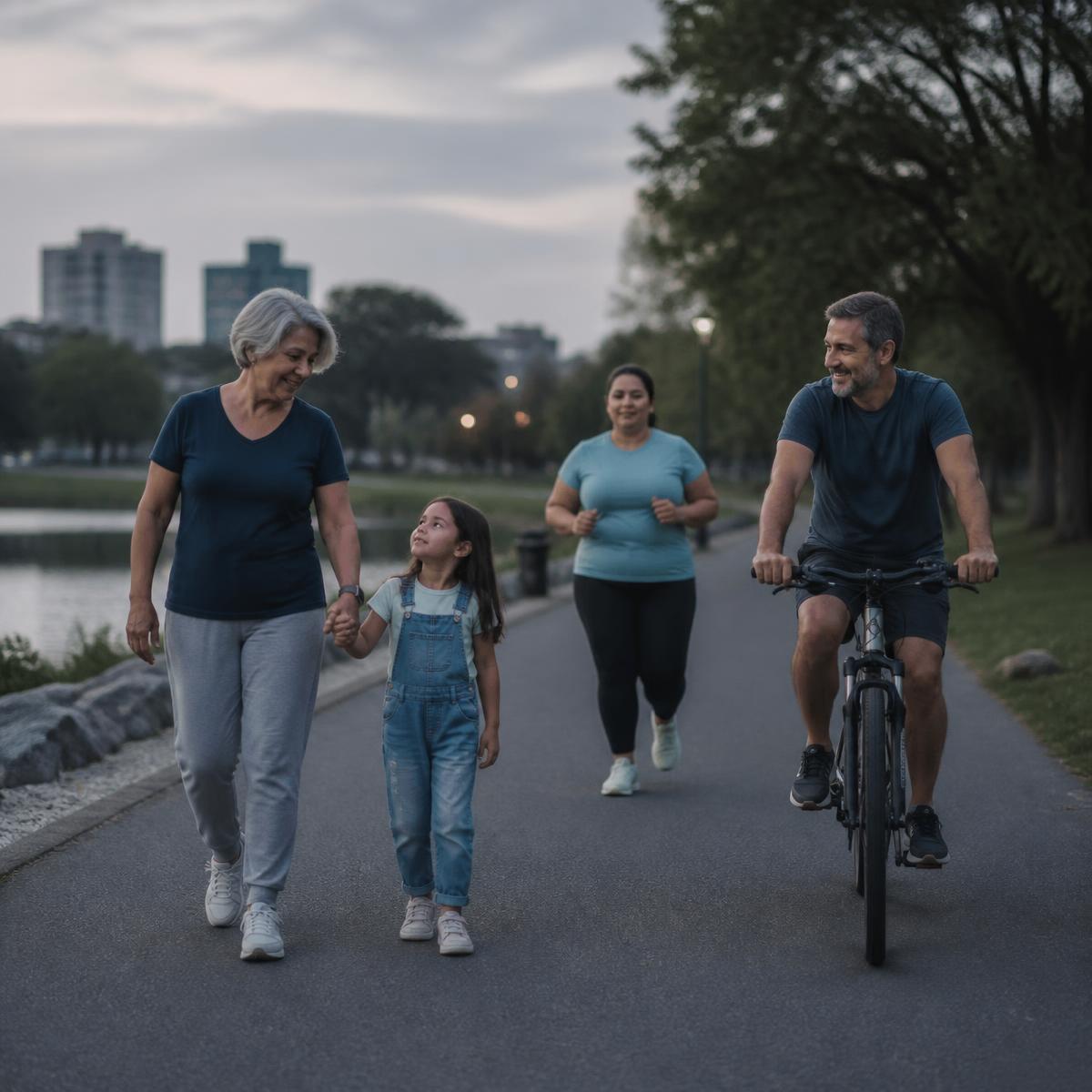 A grandmother walking with a grandchild, a woman jogging, and a man cycling on a park path at dusk
